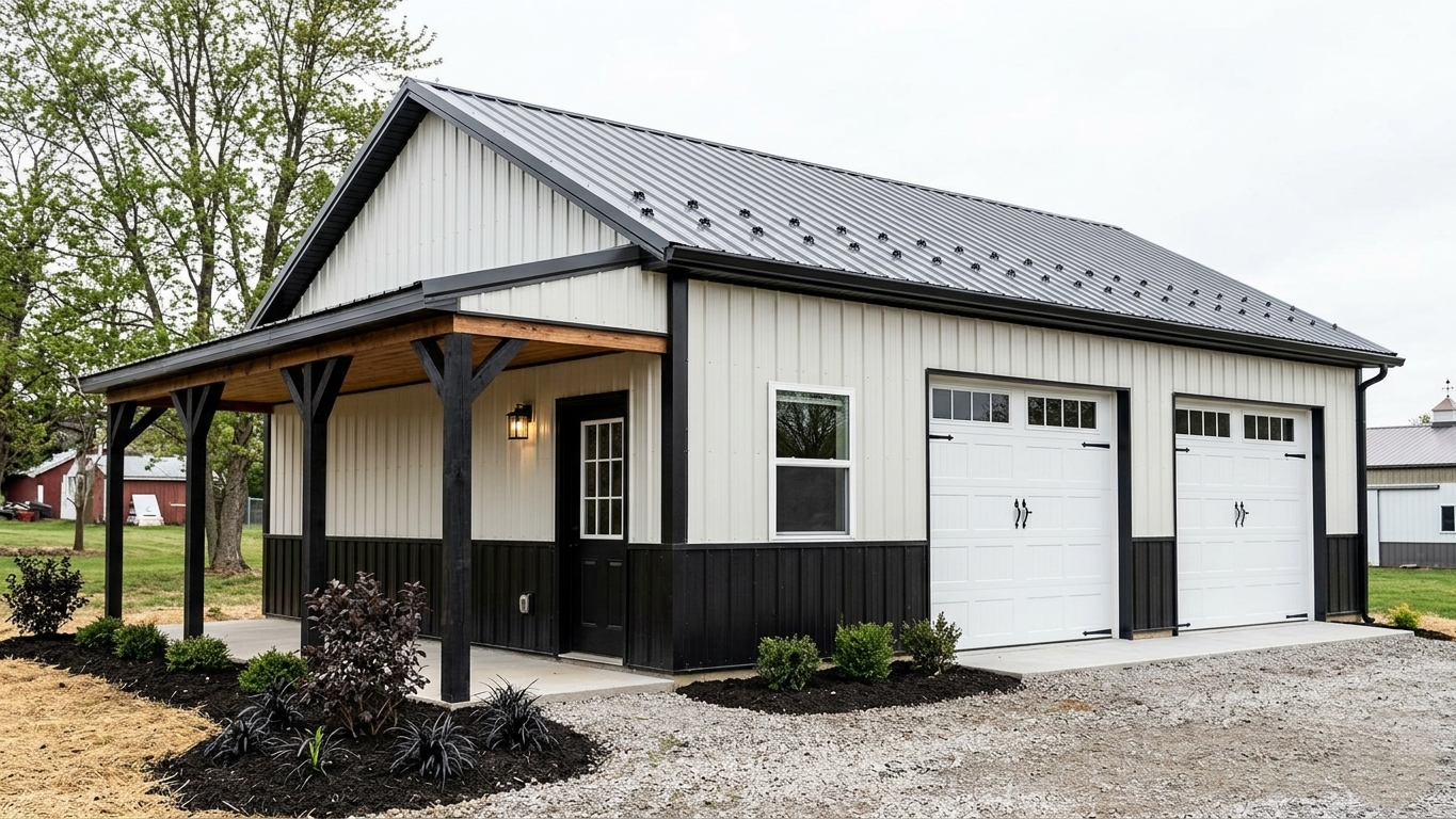 Custom garage workshop with front porch, white exterior metal, black metal roof and black trim