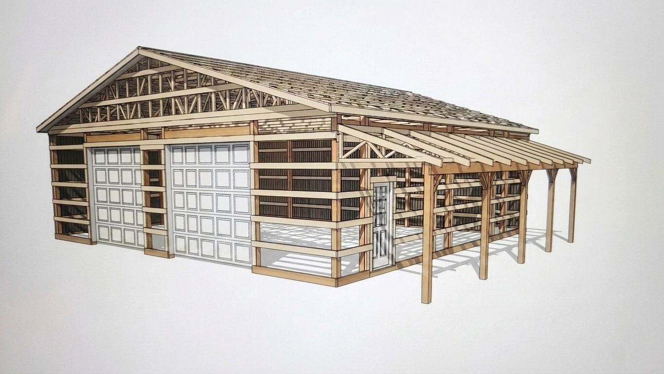 3d Framing rendering showing the wooden skeleton, trusses, and columns of a post frame build