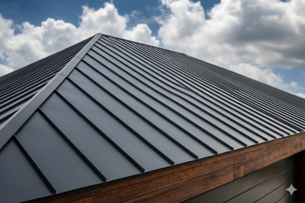 Modern metal roofing installation and roof replacement services.