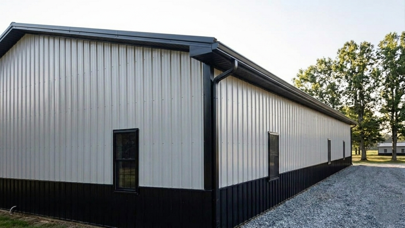 White and black post-frame shop with black wainscoting